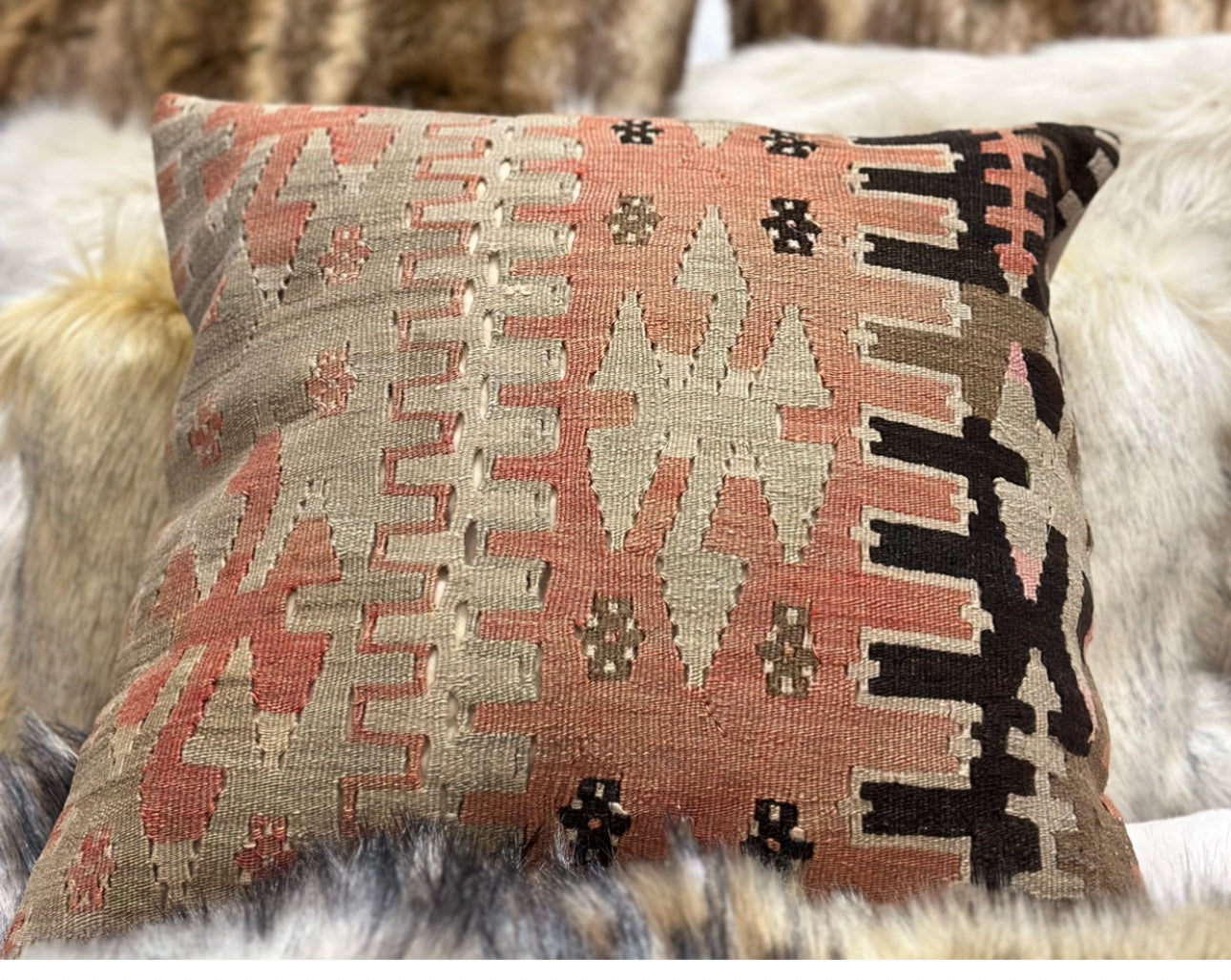 Aztec Kilim Pillow with 18”x18” Form Western Style, Dark Terra Cotta, Brown