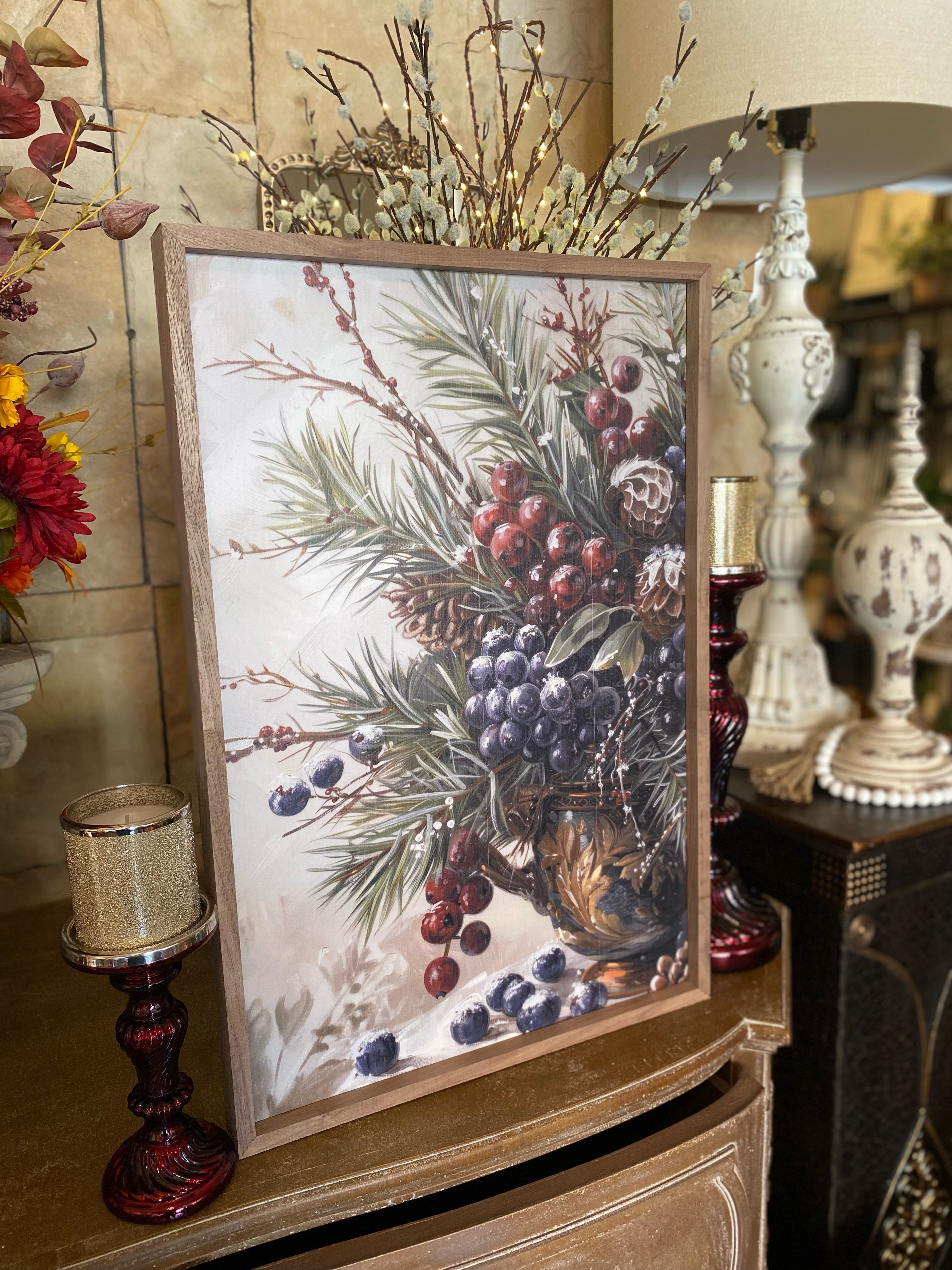 Wood Framed Grapes in Elegant Bowl Wall Art