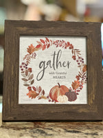 Load image into Gallery viewer, Gather with Grateful Hearts Fall Pumpkin Wood Framed Shimmering Picture
