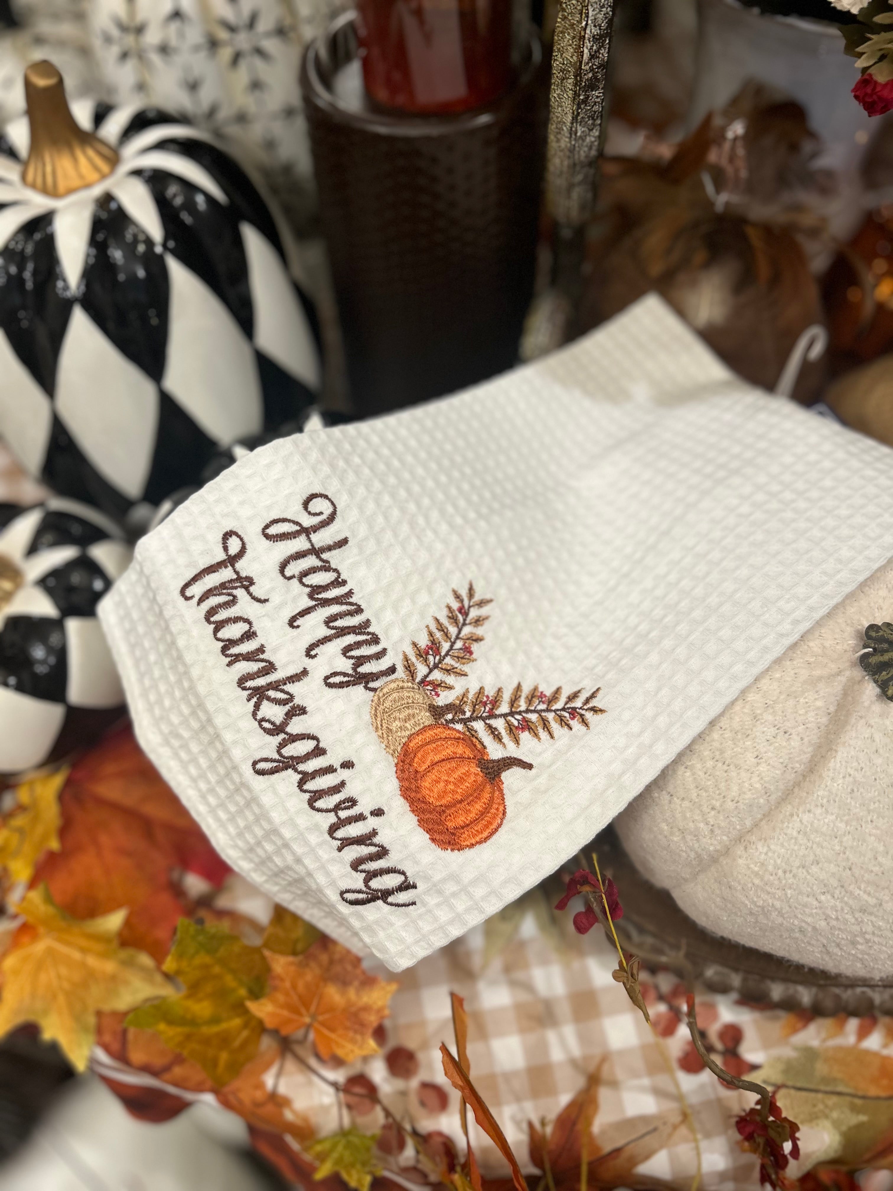 Fall Happy Thanksgiving White Waffle Towel