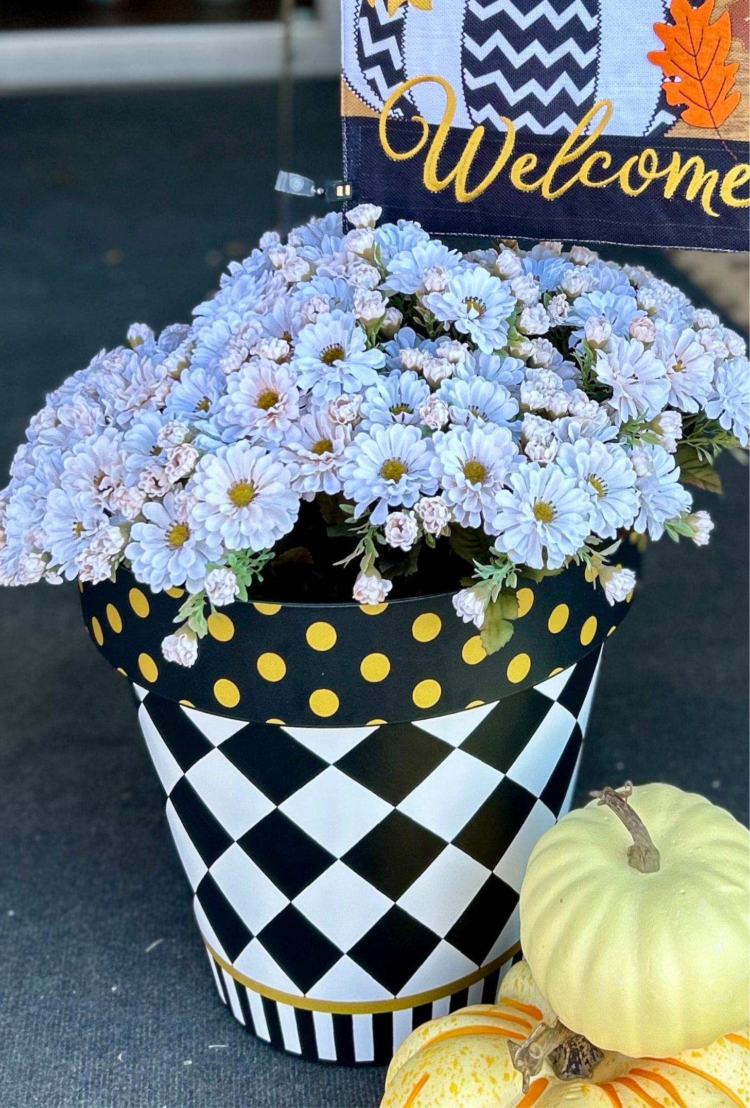 Black and White Harlequin Gold Polka Dot Design Outdoor Pots