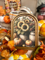 Load image into Gallery viewer, Fall Sunflowers and Pumpkins Wood Frame Picture Arch Top
