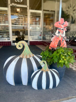 Load image into Gallery viewer, Small Short Black &amp; White Striped Metal Pumpkin Yard Stake
