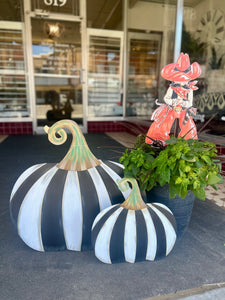 Small Short Black & White Striped Metal Pumpkin Yard Stake