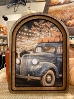 Load image into Gallery viewer, Fall Blue Farm Truck Hauling Harvest Pumpkins Wood Frame Picture Arch Top
