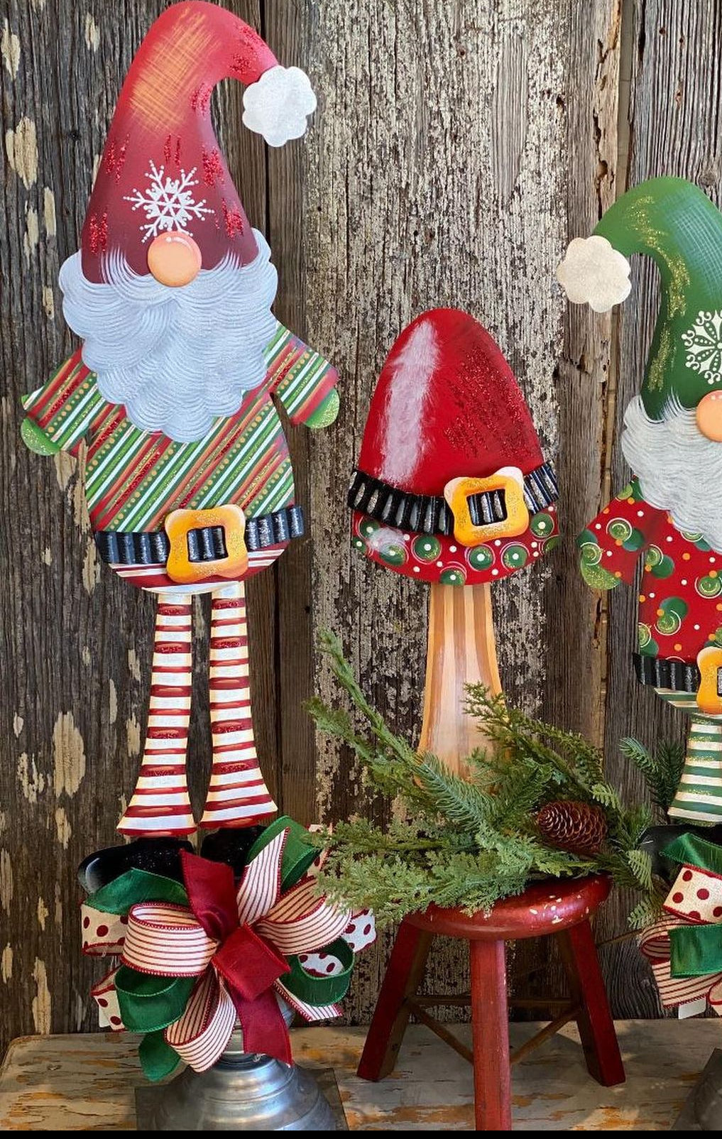 Christmas Gnome in Stripe Red, Green, White Pants Metal Stake Outdoor or Indoor