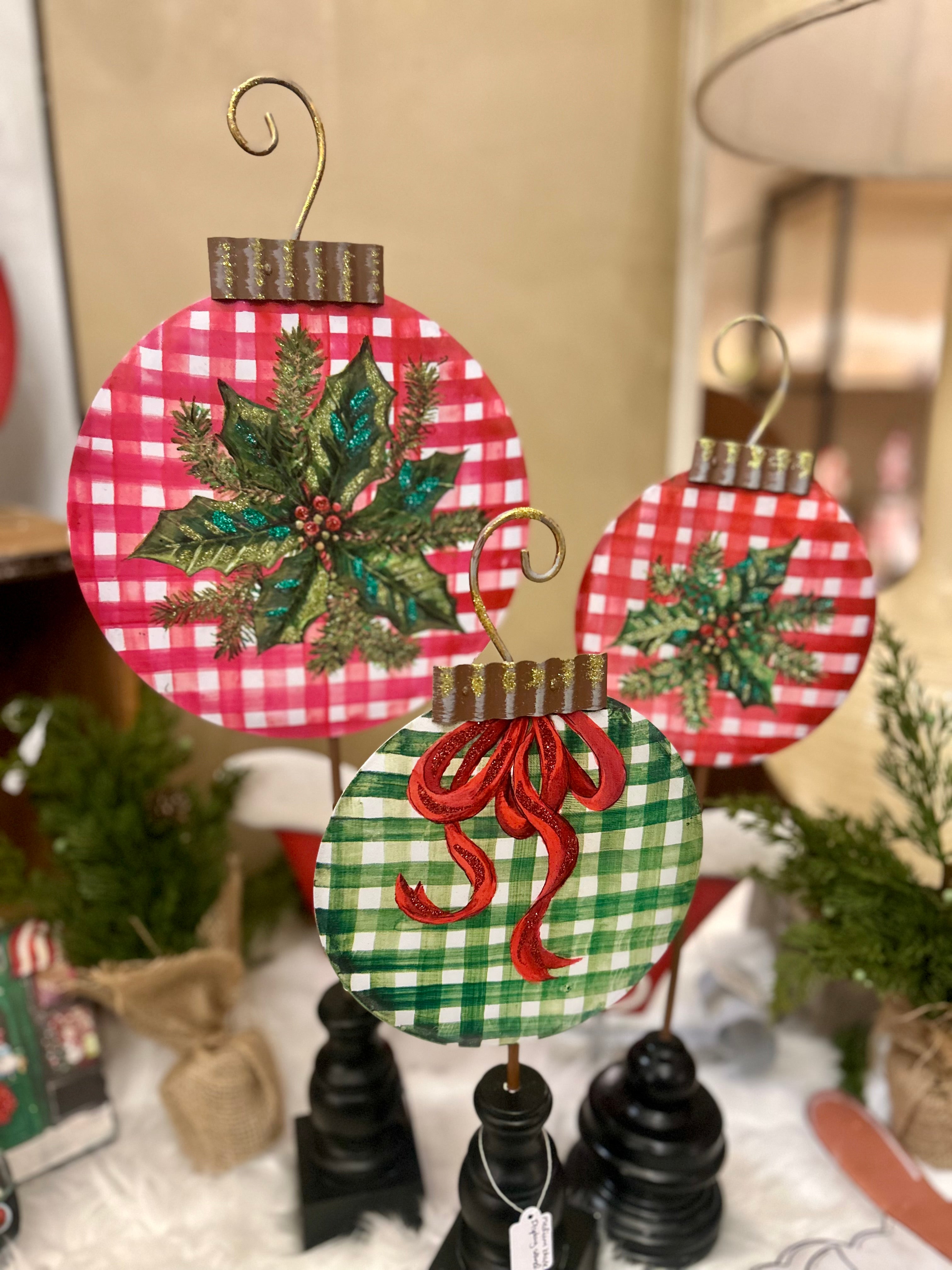 Christmas Check Ornaments Yard Metal Stakes Set of 3