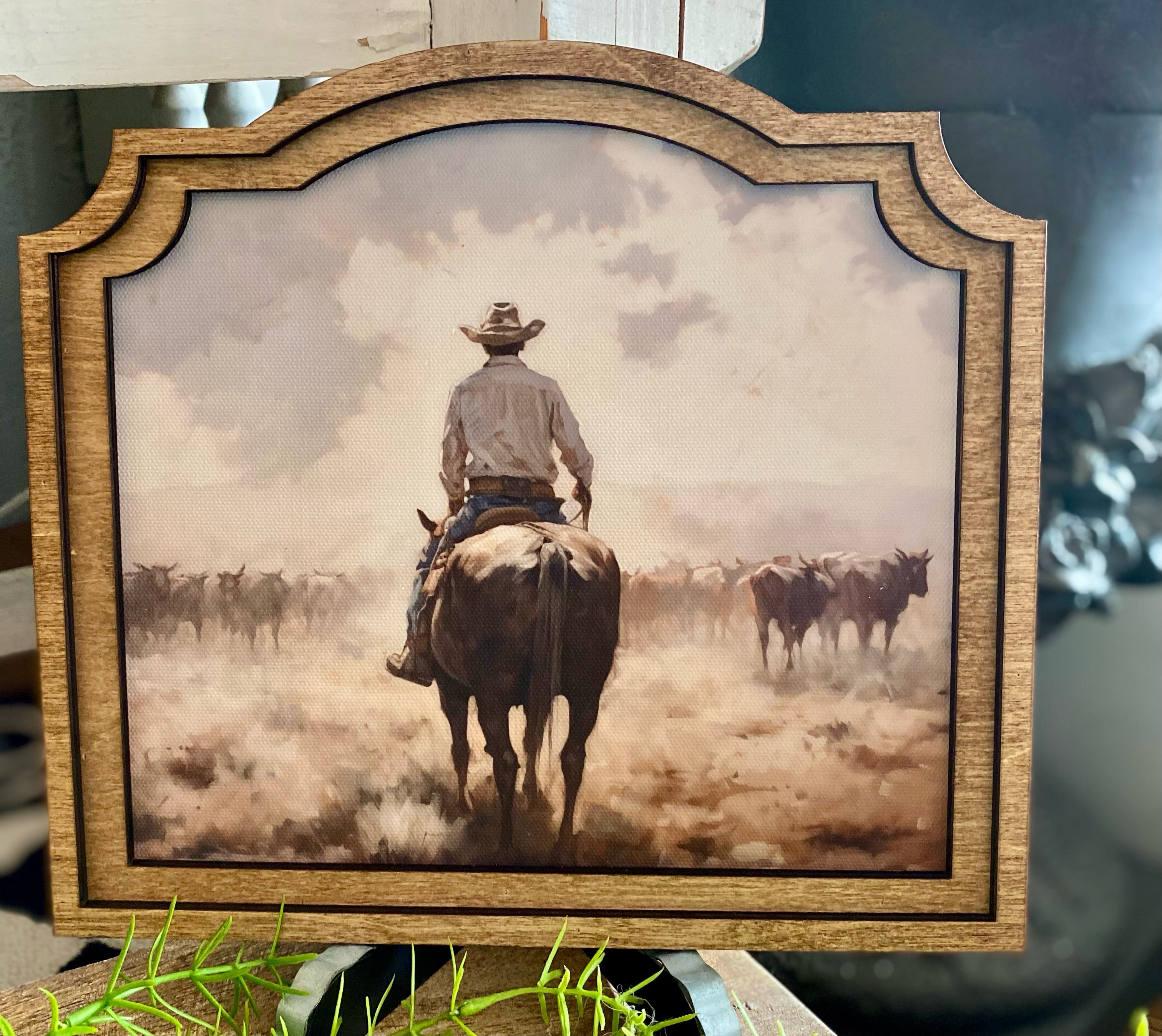 Cowboy Riding Western Art Large Design with Wood Frame 9”x10”