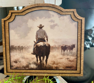 Cowboy Riding Western Art Large Design with Wood Frame 9”x10”