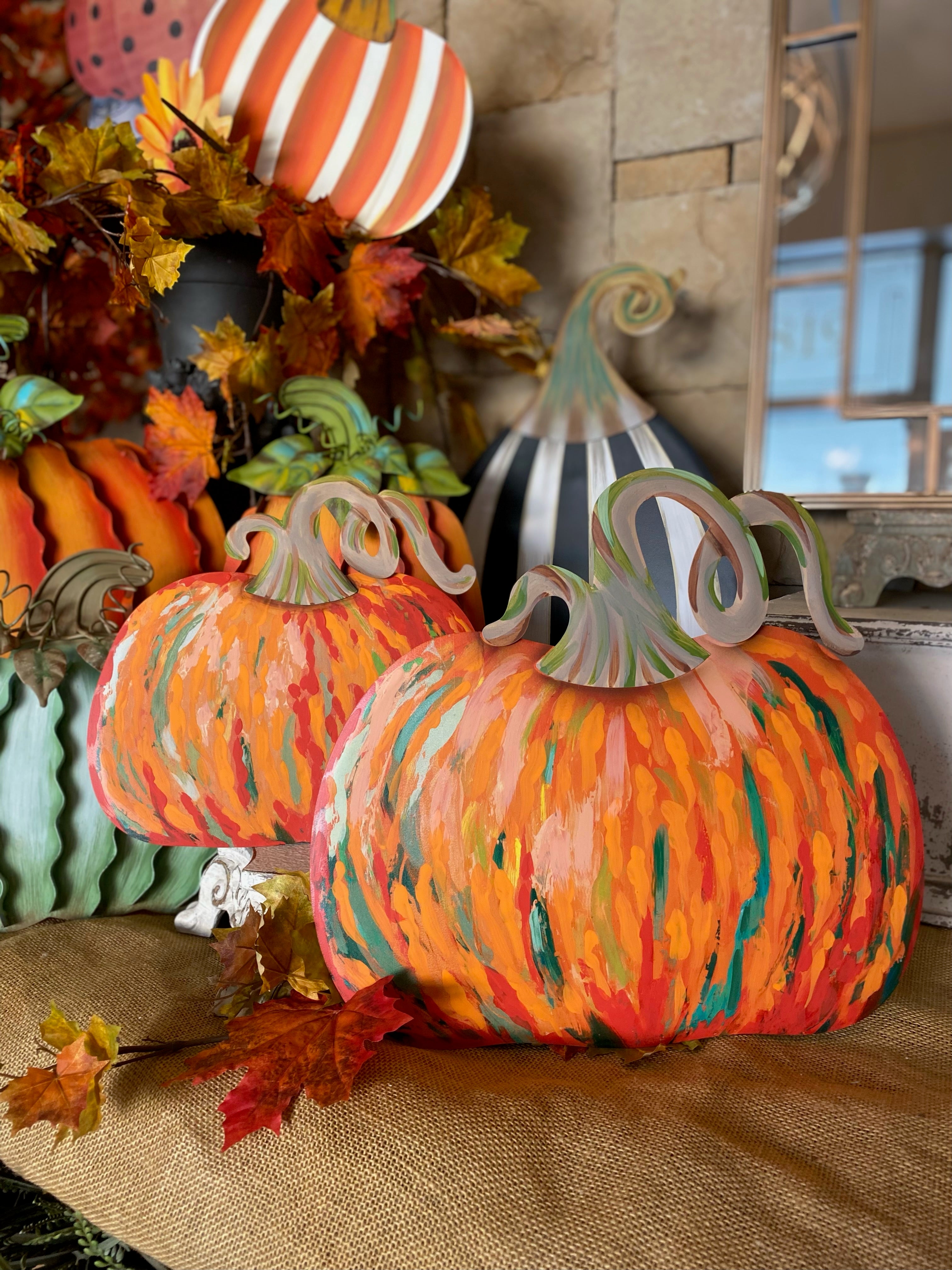 Artful Orange and Green Pumpkins Set of 2 Metal Stakes