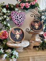 Load image into Gallery viewer, Round Top Wooden Cupid Art in Black, Pink, and Red
