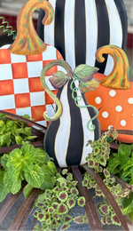 Load image into Gallery viewer, Set of 2 Pumpkins and 1 Tall Gourd Black &amp; White Stripe Metal Stake
