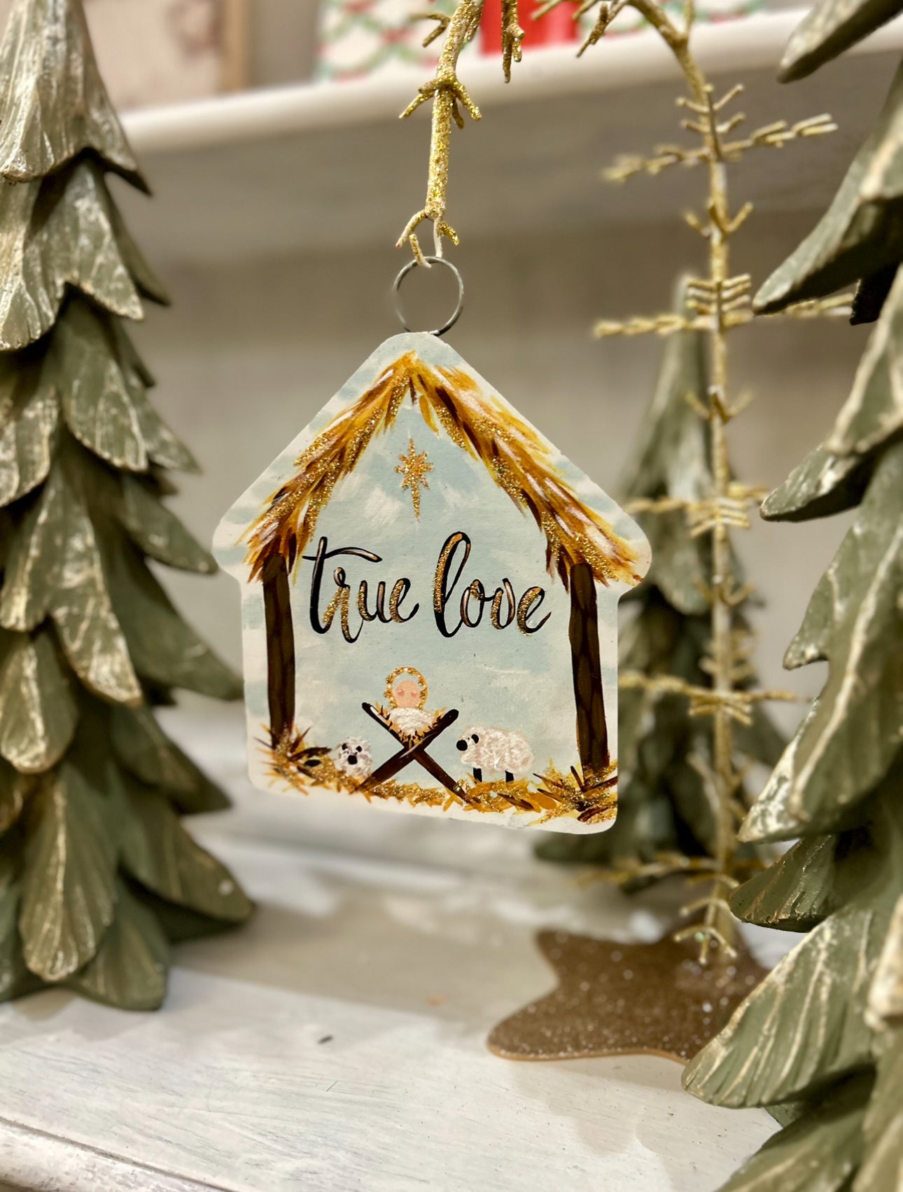 Green Norway Wood Tree with White Snow Accents Small Size