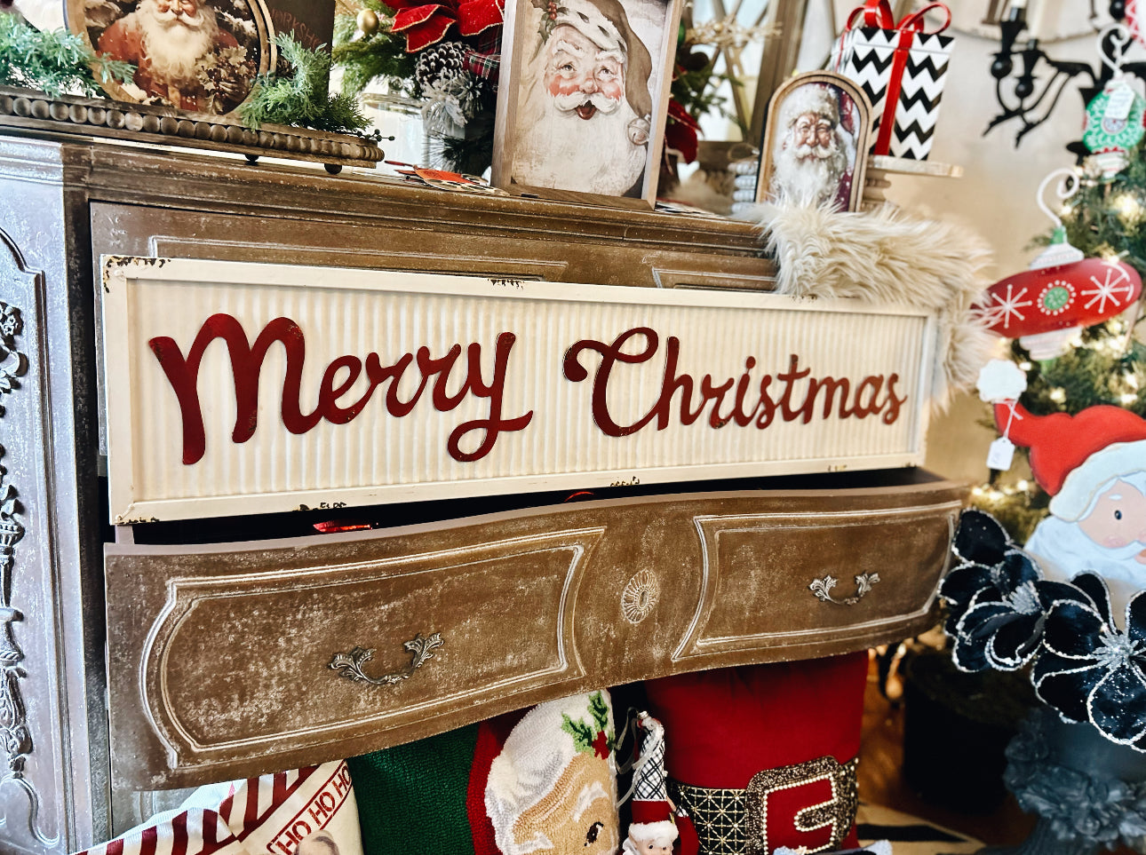 Merry Christmas White and Red Corrugated Metal Sign