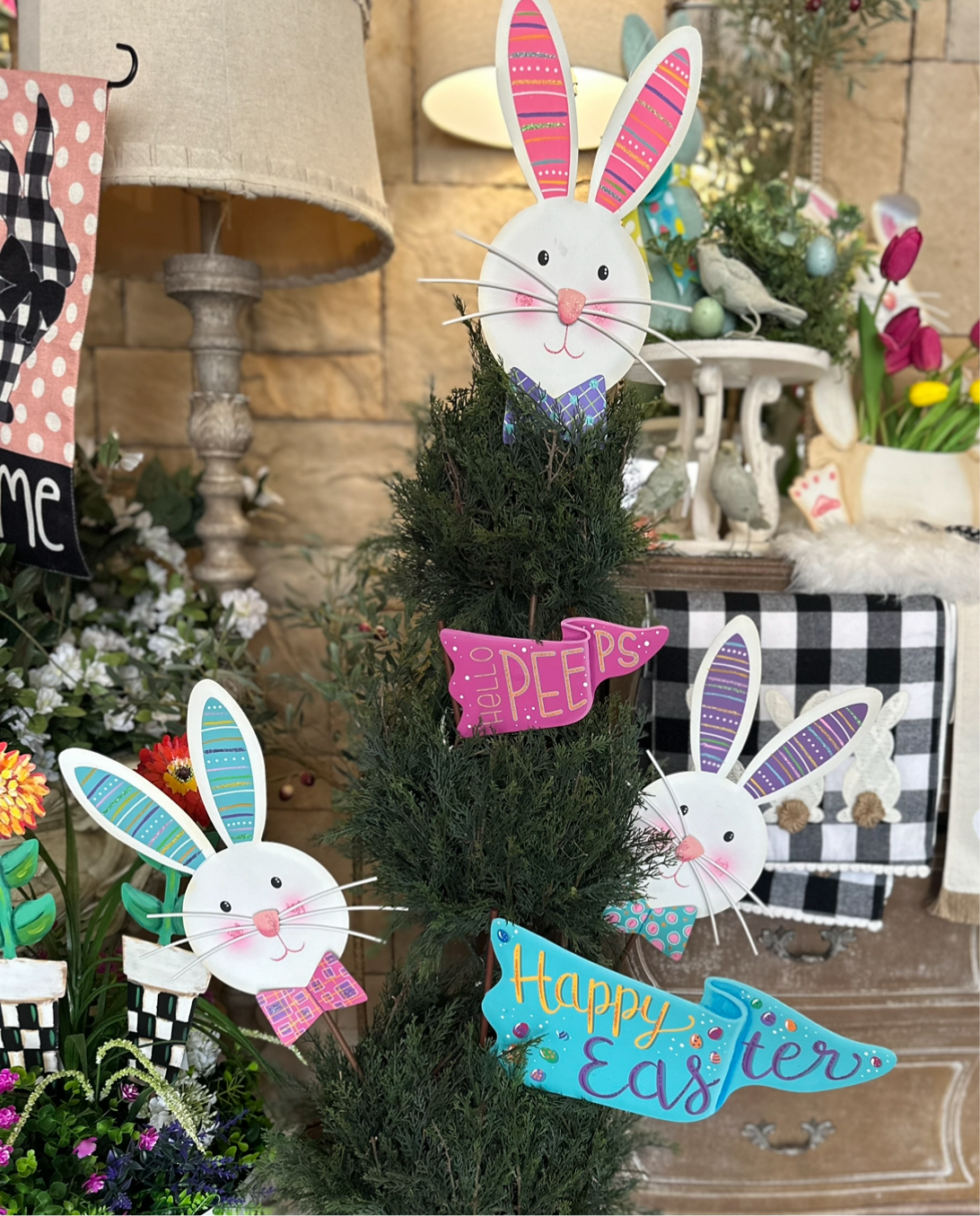 Turquoise Ears Bunny with Bow tie White Rabbit Metal Outdoor Stakes