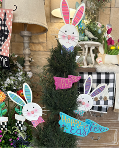 Turquoise Ears Bunny with Bow tie White Rabbit Metal Outdoor Stakes
