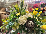 Load image into Gallery viewer, Yellow, White, and Mixed Greenery Birds Nest Arrangement
