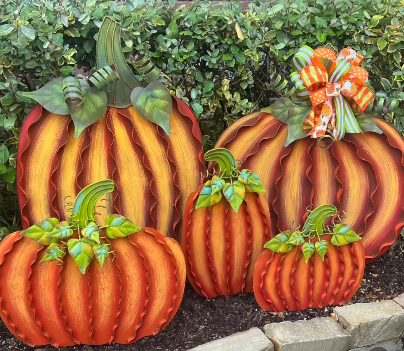 Large Cream or Orange Pumpkins Set of 2 Large Ribbon Pumpkins with Metal Stake and Easels