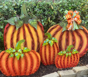 Large Cream or Orange Pumpkins Set of 2 Large Ribbon Pumpkins with Metal Stake and Easels