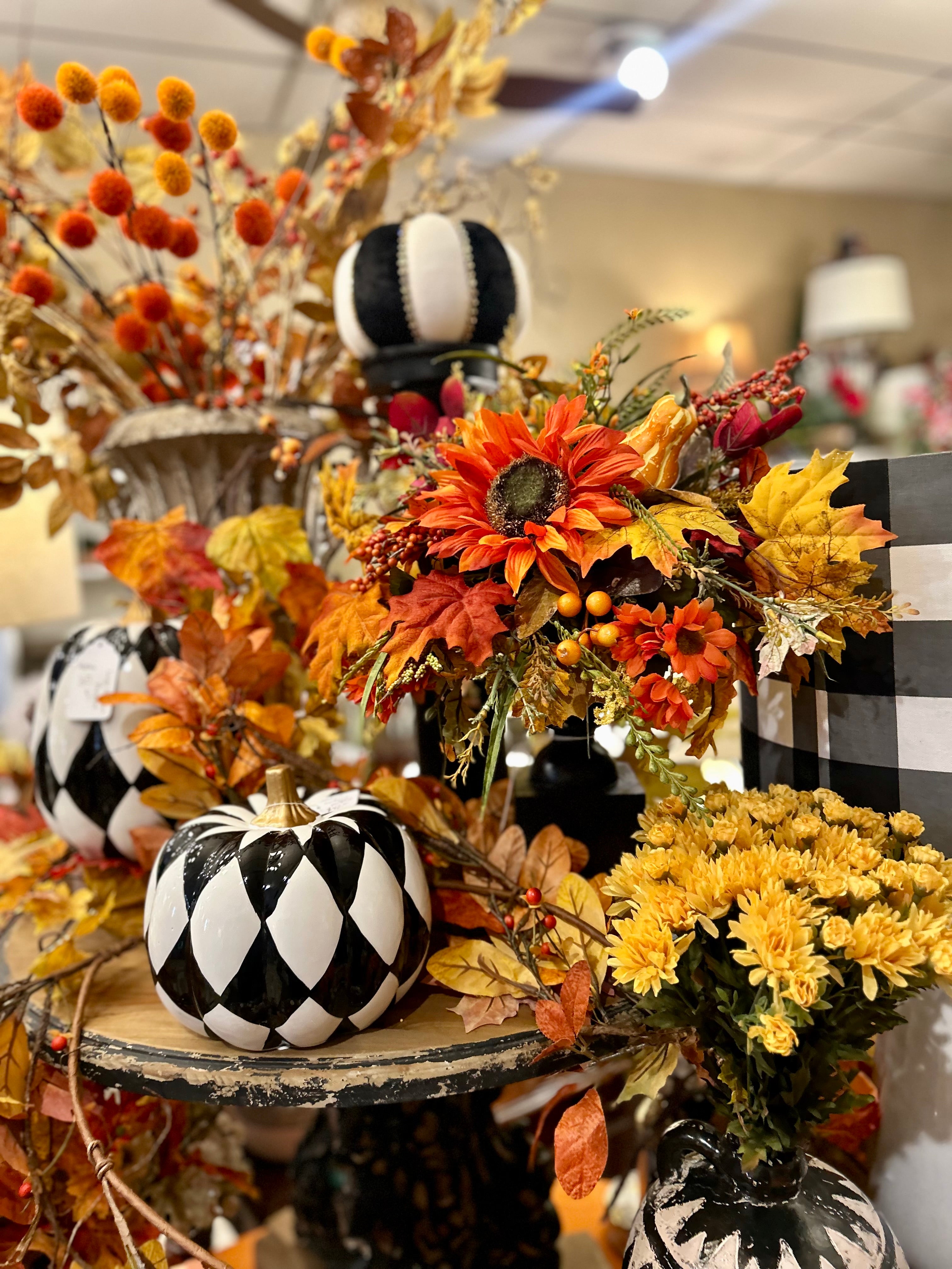Ceramic Black & White Harlequin Pumpkin (3) Sizes with Gold Stem, Black and White