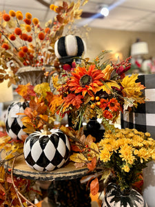 Ceramic Black & White Harlequin Pumpkin (3) Sizes with Gold Stem, Black and White