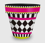 Load image into Gallery viewer, Hot Pink, Lime Green, Black and White Harlequin Stripe Design Outdoor Pots
