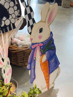 Load image into Gallery viewer, Rabbit in Periwinkle and Pink Jacket with Carrot Metal Stake
