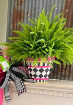 Load image into Gallery viewer, Hot Pink, Lime Green, Black and White Harlequin Stripe Design Outdoor Pots
