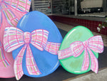 Load image into Gallery viewer, Set of 2 Eggs with Plaid Bows in Periwinkle and Green Stake
