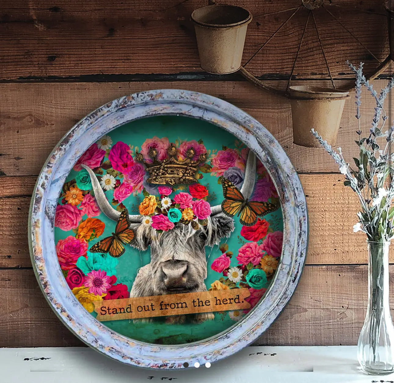 Longhorn Rustic Boho Art Round Frame