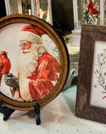 Load image into Gallery viewer, Santa with Red Cardinal Round Wood Frame Christmas Decor
