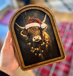Load image into Gallery viewer, ArchTop Wooden Highland Cow with Santa Hat Christmas Picture
