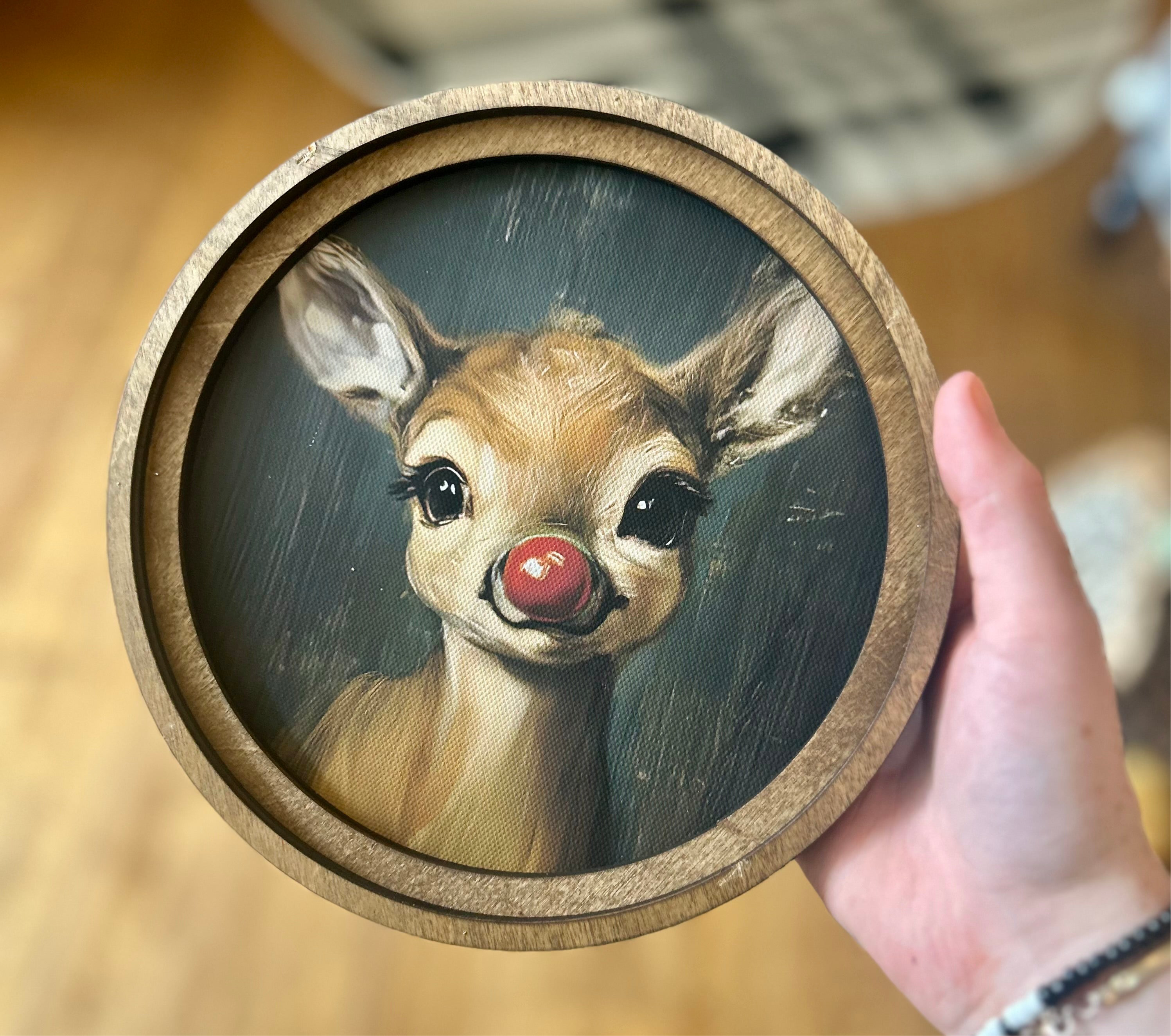 Rudolph Portrait Round Wood Frame Christmas Decor