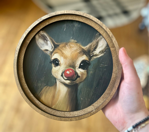 Rudolph Portrait Round Wood Frame Christmas Decor