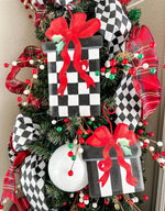 Load image into Gallery viewer, Christmas Black and White Stripe Red Packages Metal Stakes Set of 2
