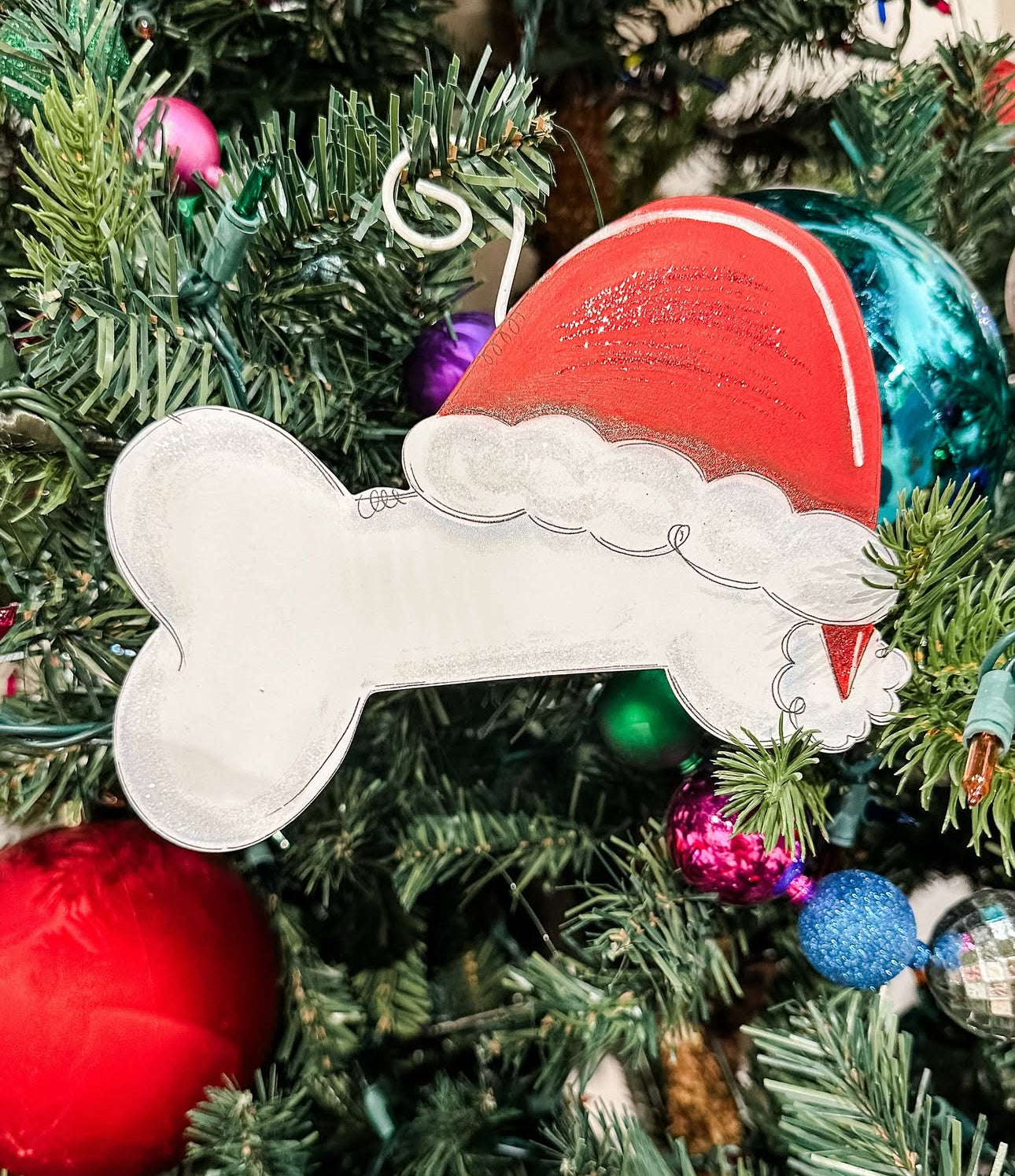 Dog Bone Santa Hat Metal Red & White Ornament