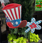 Load image into Gallery viewer, Americana: Set of 2 Red, White, and Blue Plaid Flower Metal Stake Sign
