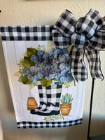 Load image into Gallery viewer, Spring Flag Rain Boot Black and White Check with Blue Flowers
