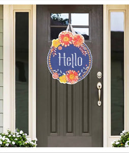 Hello Blue Background Door Hanger with Bordering Orange & Yellow Flowers