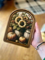 Load image into Gallery viewer, Fall Sunflowers and Pumpkins Wood Frame Picture Arch Top
