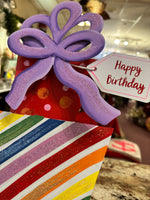 Load image into Gallery viewer, Happy Birthday Packages Metal Stake with Attached Easel Polka Dots and Stripes
