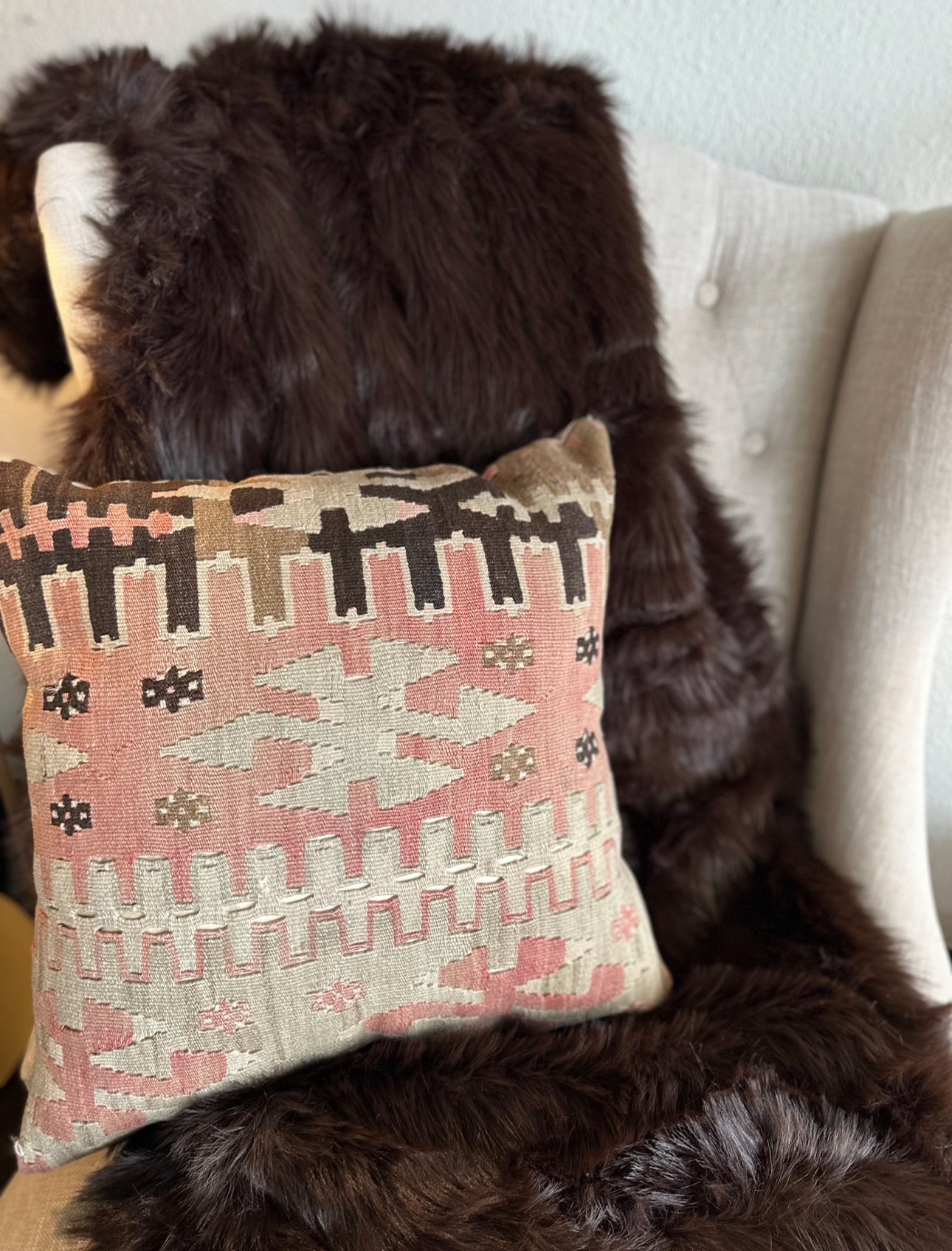 Aztec Kilim Pillow with 18”x18” Form Western Style, Dark Terra Cotta, Brown