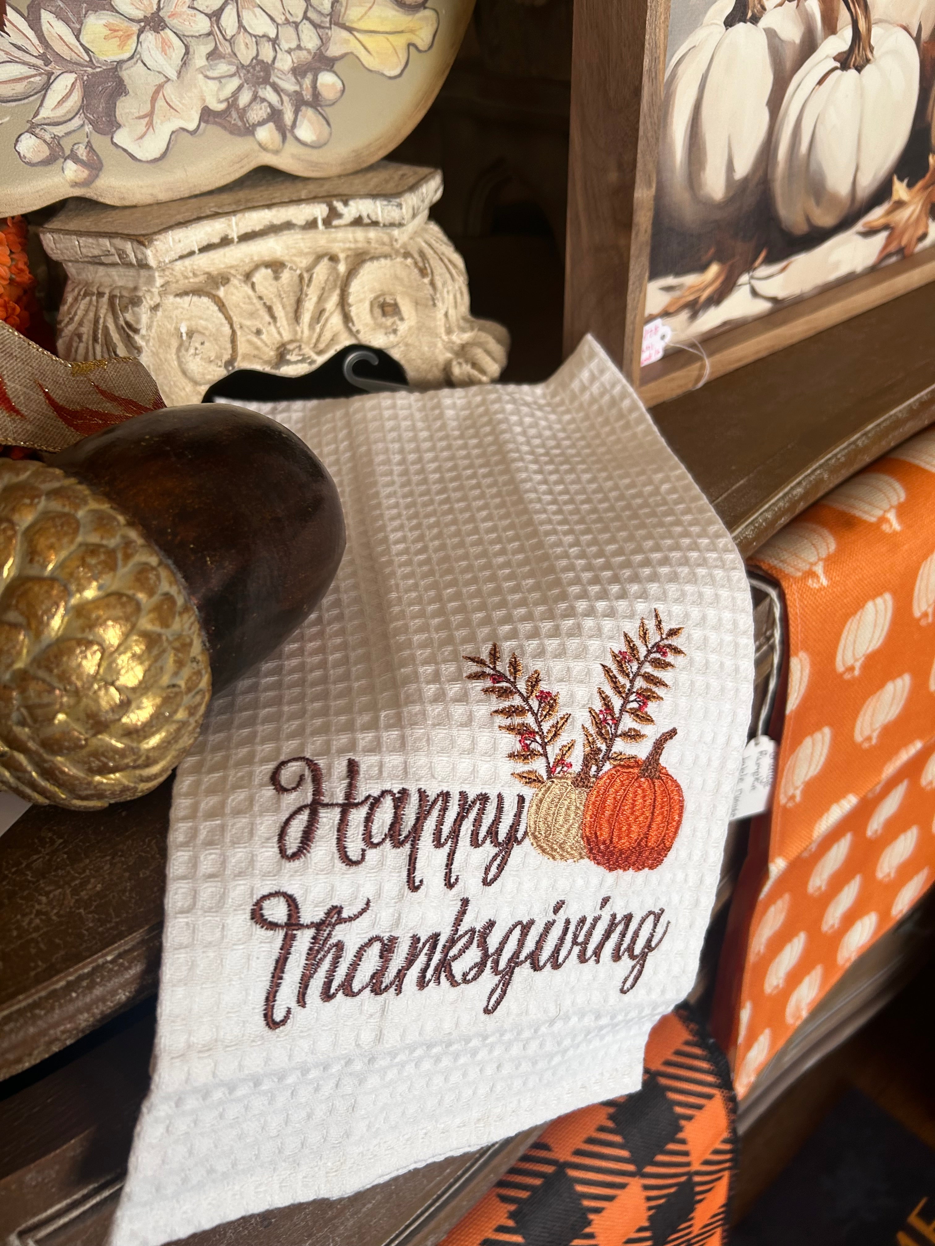 Fall Happy Thanksgiving White Waffle Towel