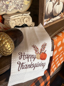 Fall Happy Thanksgiving White Waffle Towel