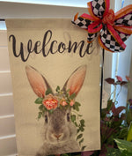 Load image into Gallery viewer, Embellished Floral Bunny Flag with Pink Flowers and Ivy Outdoor Flag Bow Included
