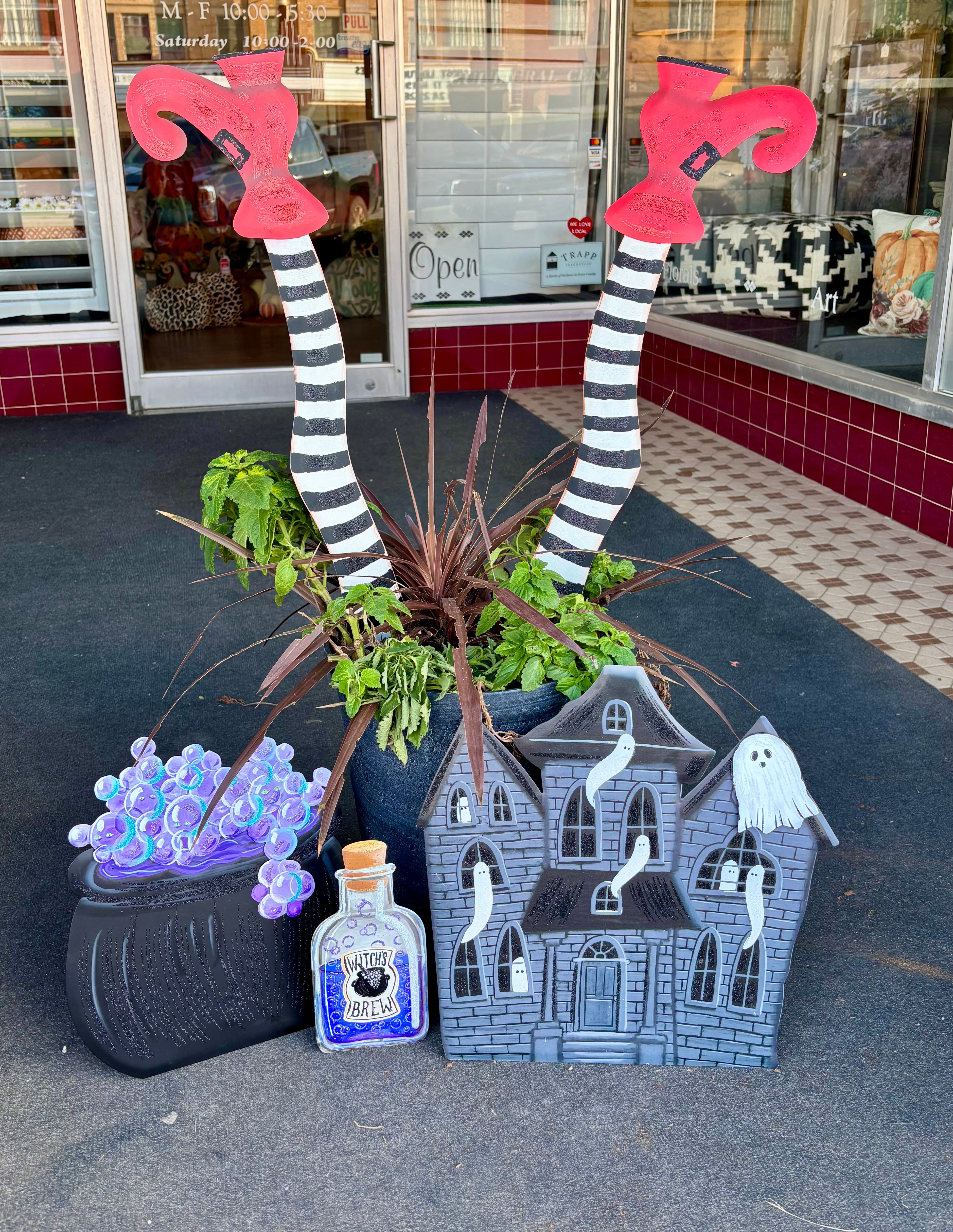 Witches Striped Black & White Metal Legs with Red Shoes Sign with Stake