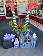 Load image into Gallery viewer, Witches Striped Black &amp; White Metal Legs with Red Shoes Sign with Stake
