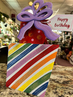 Load image into Gallery viewer, Happy Birthday Packages Metal Stake with Attached Easel Polka Dots and Stripes
