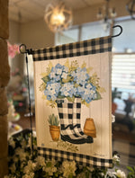 Load image into Gallery viewer, Spring Flag Rain Boot Black and White Check with Blue Flowers
