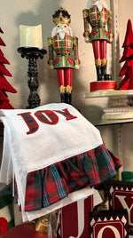 Load image into Gallery viewer, Christmas Joy Hand Towel White with Red, Blue, White Plaid Trim
